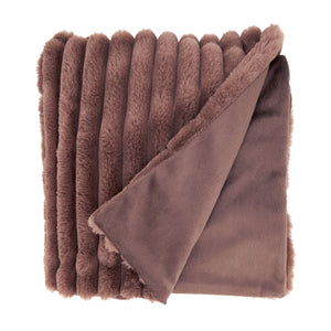 Potager Soap Co. brown faux rabbit fur throw blanket with a ribbed texture and smooth velvet-like reverse side.