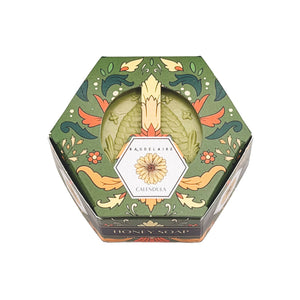 Potager Soap Co. Baudelaire calendula honey soap bar in an artistically illustrated green hexagonal gift box