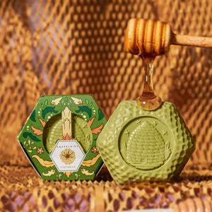 Potager Soap Co. Baudelaire calendula honey soap bar with embossed beehive design and illustrated hexagonal box