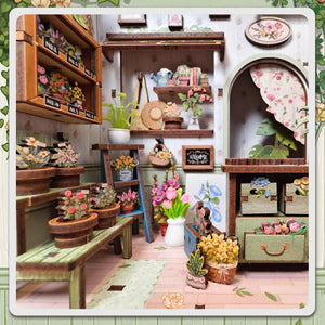 Potager Soap Co. Champs-Élysées Florist miniature DIY book nook kit with detailed floral arrangements and pastel decor.