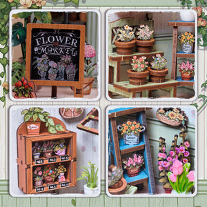 Potager Soap Co. Champs-Élysées Florist DIY book nook kit featuring miniature flower pots and a flower market sign.