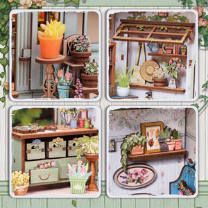Potager Soap Co. Champs-Élysées Florist DIY book nook kit showing miniature floral shop details and potted plants.