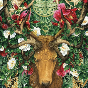 Potager Soap Co. 1000-piece jigsaw puzzle featuring a majestic stag with floral antlers, red blossoms, and a dragonfly.