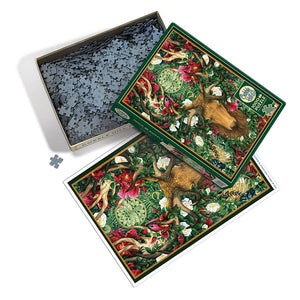 Potager Soap Co. 1000-piece jigsaw puzzle featuring a mystical stag with red and white flowers and green foliage.