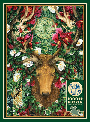 Potager Soap Co. Cobble Hill 1000-piece jigsaw puzzle featuring a majestic stag with floral antlers and mandala art.
