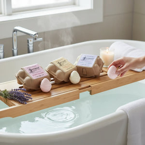 Potager Soap Co. egg-shaped bath bombs in recycled cartons on a wooden bath tray with lavender and a lit candle.
