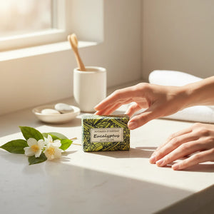 Hands holding a Potager Soap Co. Eucalyptus Everyday bar soap wrapped in green botanical patterned paper on a counter.