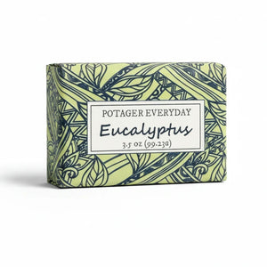 Potager Soap Co. Eucalyptus Everyday bar soap in light green packaging with dark green botanical leaf illustrations.