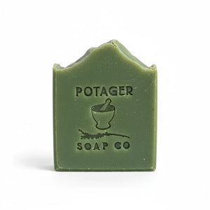 Potager Soap Co. handcrafted green eucalyptus and mint bar soap with embossed mortar and pestle logo