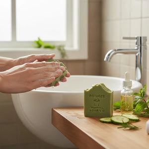 Potager Soap Co. handcrafted eucalyptus mint bar soap with a creamy lather on a wooden bathroom vanity