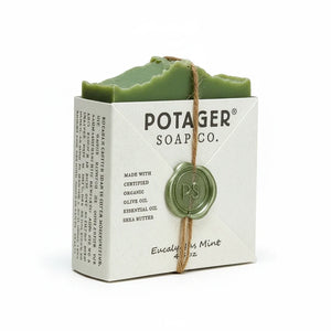 Potager Soap Co. Eucalyptus Mint bar soap in white paper packaging with a green wax seal and twine tie.