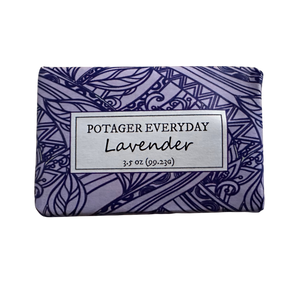 Potager Soap Co. Everyday Lavender bar soap in purple patterned paper packaging with a white label