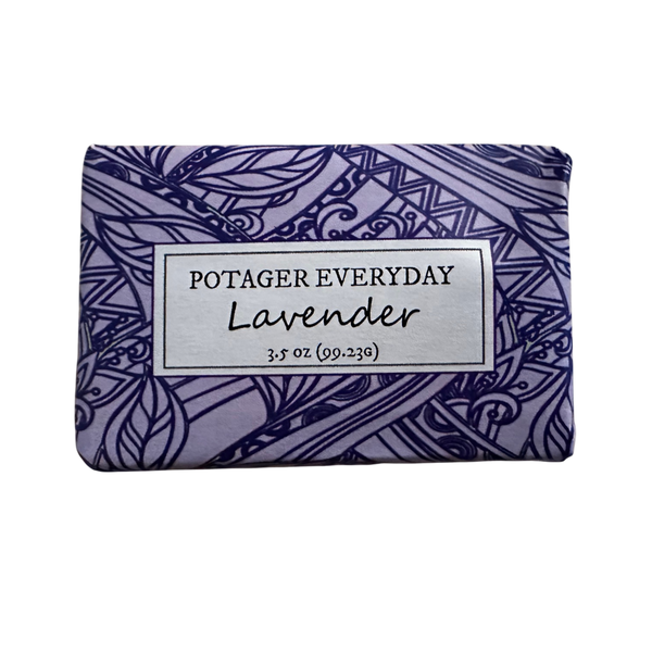 Potager Soap Co. Everyday Lavender bar soap in purple patterned paper packaging with a white label