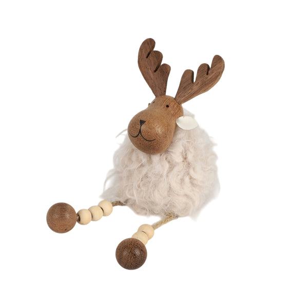 Potager Soap Co. faux fur reindeer ornament with carved wood head, antlers, and dangling beaded legs.