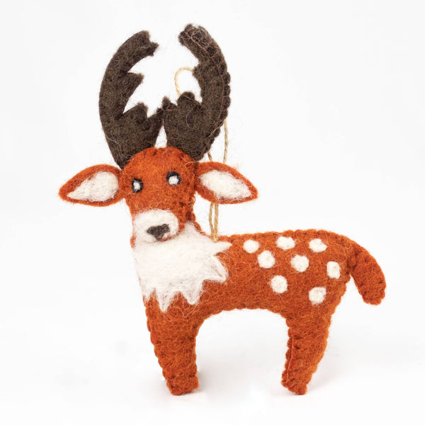 Potager Soap Co. handmade felt deer ornament in orange, white, and brown wool for festive seasonal decor.