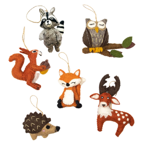 Potager Soap Co. handmade felt forest animal ornaments including a raccoon, owl, squirrel, fox, hedgehog, and deer.