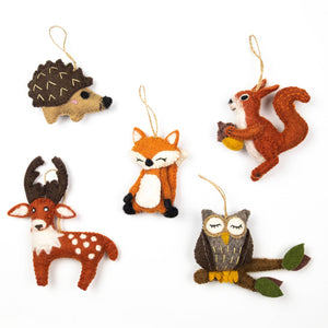 Potager Soap Co. handmade felt forest animal ornaments including a deer, fox, hedgehog, owl, and squirrel.