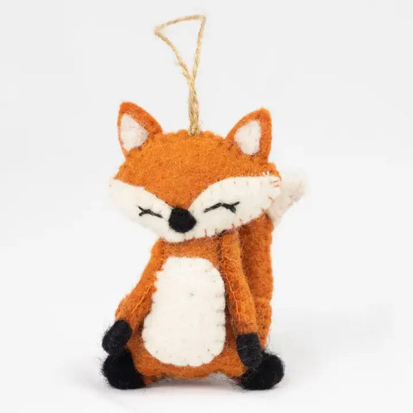 Potager Soap Co. handmade felt fox ornament in orange, white, and black wool with a rustic hanging twine loop.