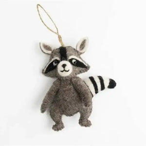 Potager Soap Co. handmade felt raccoon ornament in grey, white, and black wool with a hanging twine loop.