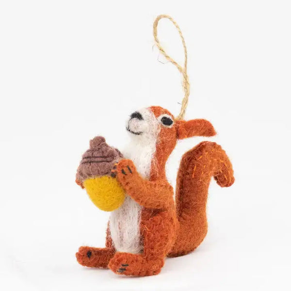 Potager Soap Co. handmade felt squirrel ornament holding an acorn, crafted from natural wool for seasonal decor.