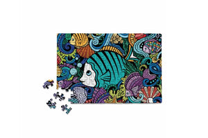 Potager Soap Co. Fish Doodle 150-piece micro jigsaw puzzle featuring a colorful, whimsical underwater ocean scene.