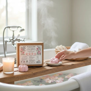 Potager Soap Co. flower-shaped bath bomb on a wooden tub tray with a candle and Secret Garden packaging