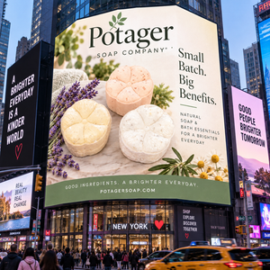 Potager Soap Co. flower-shaped bath bombs with lavender and chamomile on a billboard in Times Square, New York.