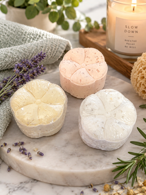 Potager Soap Co. flower-shaped bath bombs in yellow, peach, and white on a marble tray with lavender and a candle.