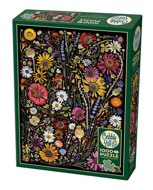 Potager Soap Co. Cobble Hill 1000-piece jigsaw puzzle featuring a vibrant pressed wildflower arrangement on black background