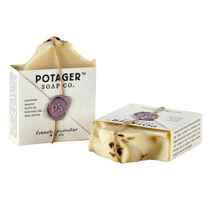 Potager Soap Co. French Lavender organic bar soap with visible lavender buds and a signature wax seal on rustic paper.