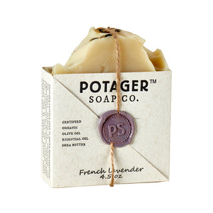 Potager Soap Co. French Lavender organic bar soap in rustic eco-friendly paper packaging with a purple wax seal.