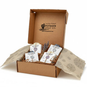 Potager Soap Co. French Lavender soap gift box set with four artisanal bars wrapped in paper and tied with twine.