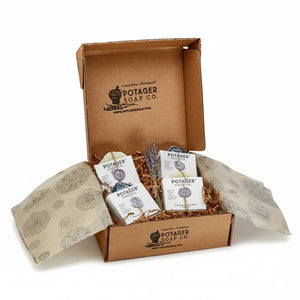 Potager Soap Co. French Lavender soap gift box set featuring handcrafted bars with botanical accents in rustic packaging