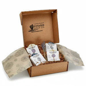 Potager Soap Co. French Lavender soap gift box set with three handcrafted bars, dried lavender, and eco-friendly filler.