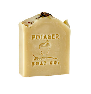 Potager Soap Co. French Lavender organic bar soap with embossed logo and natural lavender bud inclusions