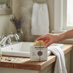 Potager Soap Co. French Lavender organic bar soap in rustic paper packaging with a wax seal on a wooden bathroom vanity