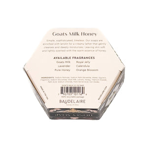 Potager Soap Co. BAUDELAIRE Goats Milk Honey soap bar in a decorative hexagonal box showing ingredients and barcode