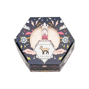 Potager Soap Co. BAUDELAIRE goats milk and honey soap bar in a decorative hexagonal box with floral illustrations.
