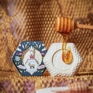 Potager Soap Co. BAUDELAIRE goats milk and honey soap bar with decorative hexagonal box and honey dipper