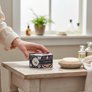 Potager Soap Co. BAUDELAIRE goats milk and honey soap bar in a decorative hexagonal box on a rustic wooden table