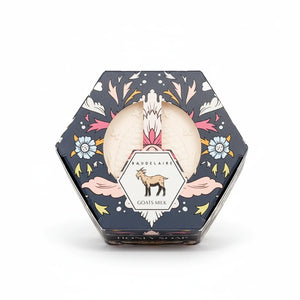 Potager Soap Co. BAUDELAIRE goats milk and honey soap bar in a decorative hexagonal box with floral illustrations