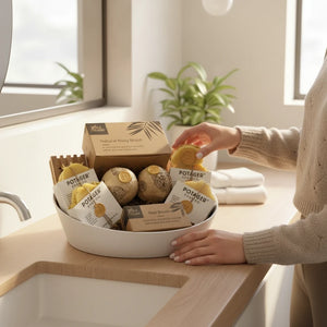 Potager Soap Co. handcrafted gift set with natural soaps, bath bombs, and brushes in a white bowl on a bathroom counter