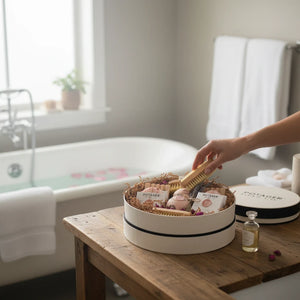 Potager Soap Co. handcrafted gift set in a white linen hat box with soaps, bath bombs, and brushes in a bathroom.