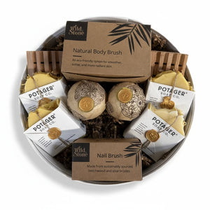 Potager Soap Co. Collector Hat Box Gift Set featuring handcrafted soaps, bath bombs, brushes, and cedar soap savers.