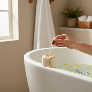 Potager Soap Co. heart-shaped botanical bath bomb with calendula petals being topped with oil from a glass dropper