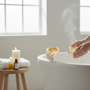 Potager Soap Co. heart-shaped botanical bath bomb with dried calendula petals held over a steaming bathtub