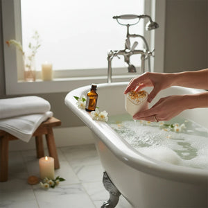Potager Soap Co. heart-shaped botanical bath bomb with calendula petals held over a clawfoot tub in a spa bathroom.
