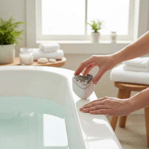 Potager Soap Co. heart-shaped lavender bath bomb with dried botanicals being placed on a white bathtub edge