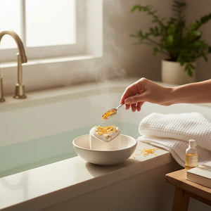 Potager Soap Co. heart-shaped bath bomb topped with dried calendula petals being sprinkled with more botanicals