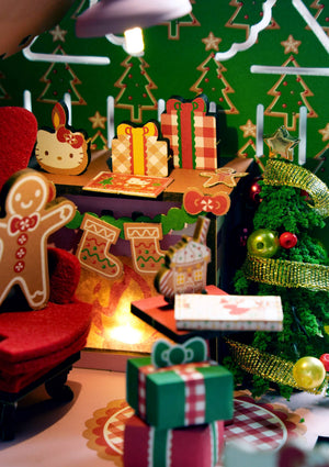 Potager Soap Co. Hello Kitty wooden gingerbread house DIY kit featuring festive holiday decor and miniature furniture.